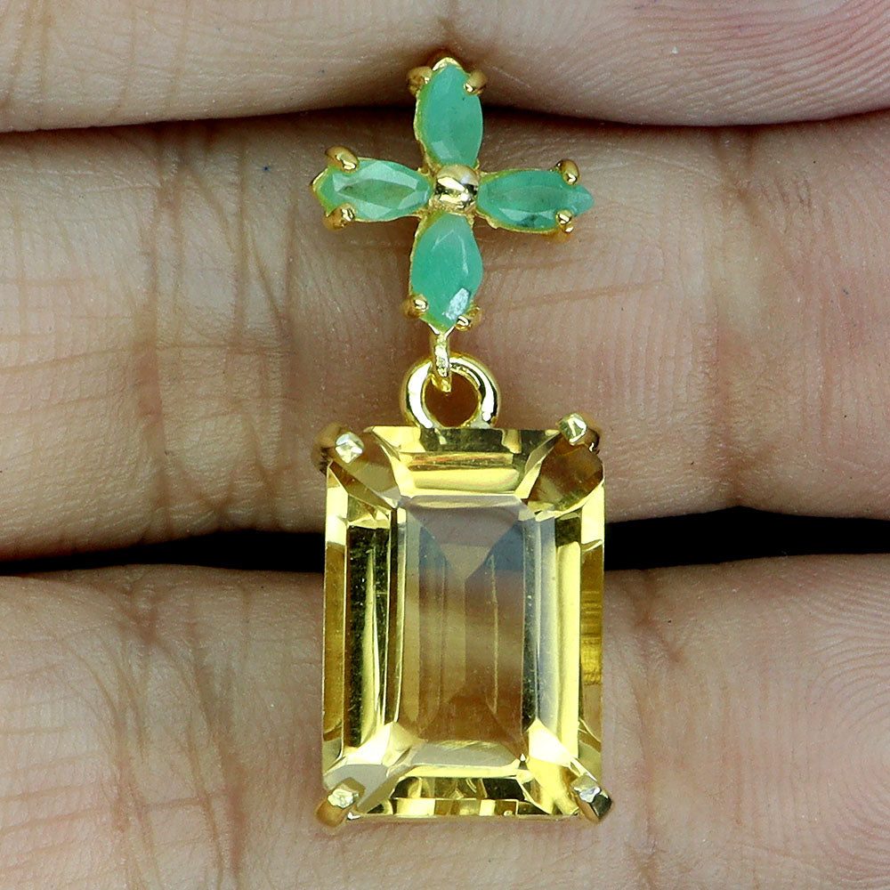 Citrine Pendant with Emerald Flower in Yellow Gold Vermeil