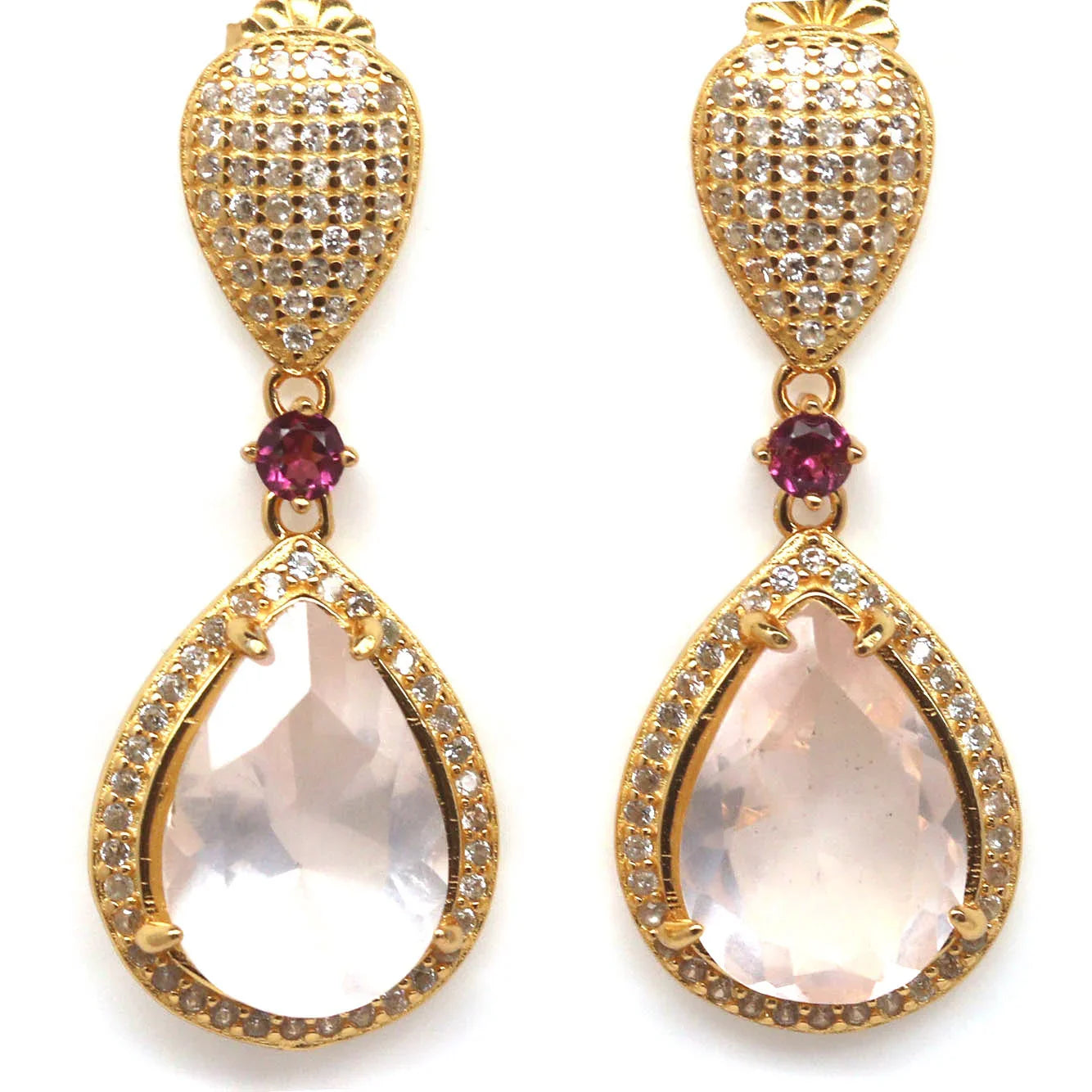 Handmade 14x 10mm. Pink Rose Quartz, Rhodolite & Sapphire Earrings