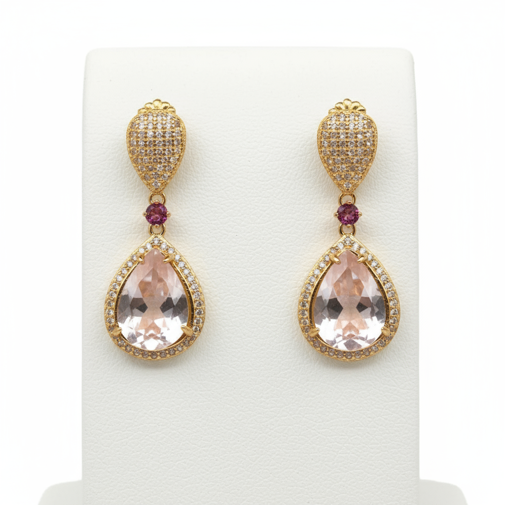 Handmade 14x 10mm. Pink Rose Quartz, Rhodolite & Sapphire Earrings