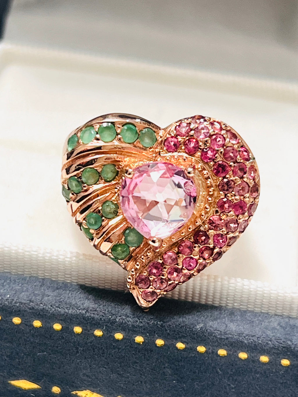 Handmade Heart Ring with Pink Tourmaline, Emerald & Ruby Accents