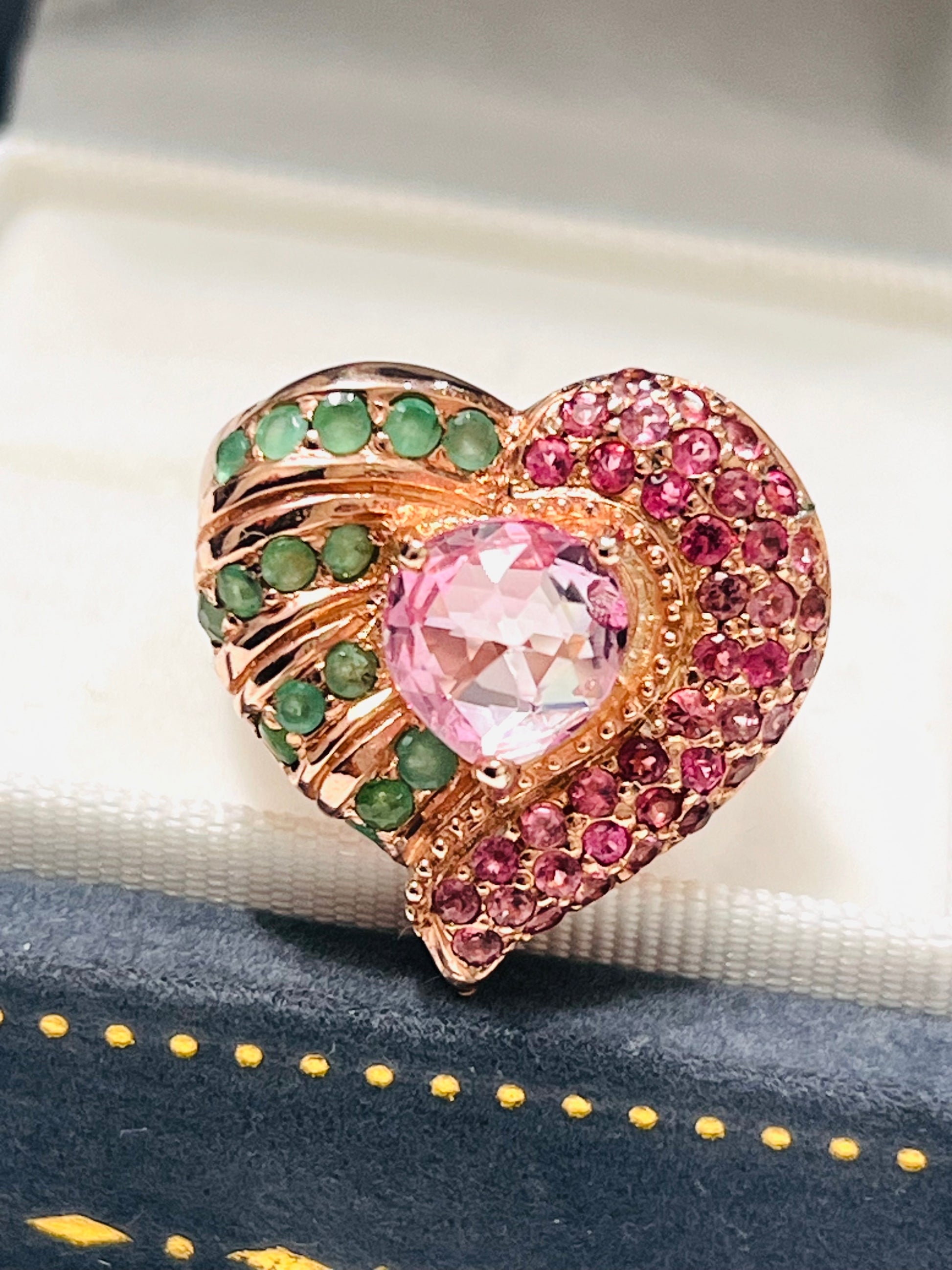 Handmade Heart Ring with Pink Tourmaline, Emerald & Ruby Accents