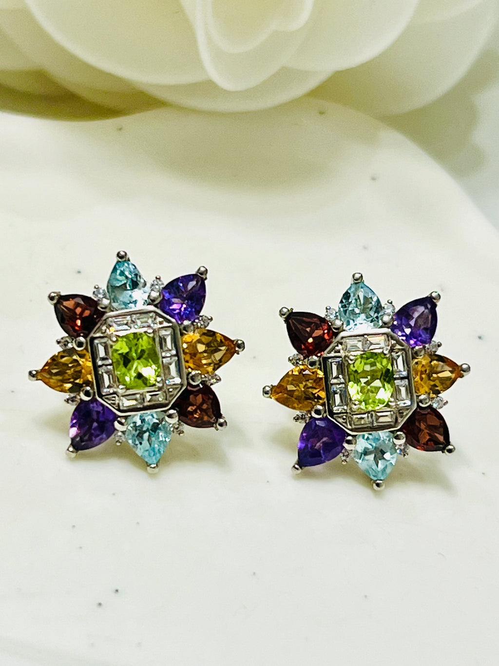 Handmade Natural Amethyst, Topaz and Peridot multigems Statement earrings