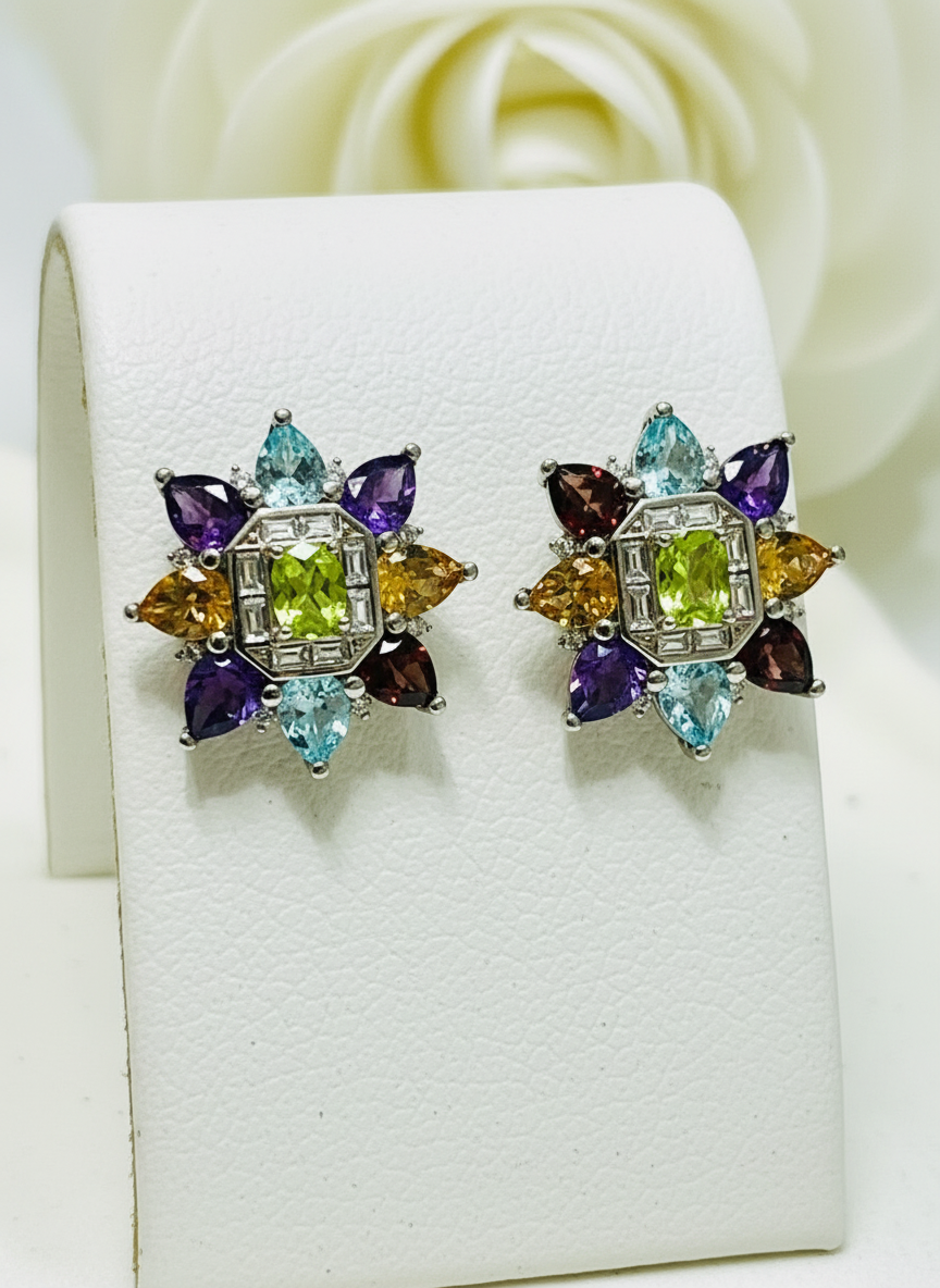 Handmade Natural Amethyst, Topaz and Peridot multigems Statement earrings