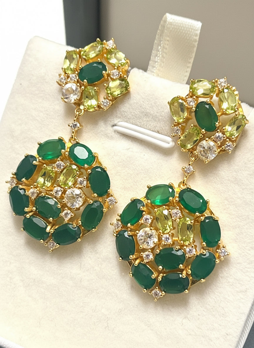 Emerald Green Agate & Peridot Gold Vermeil Cluster Earrings