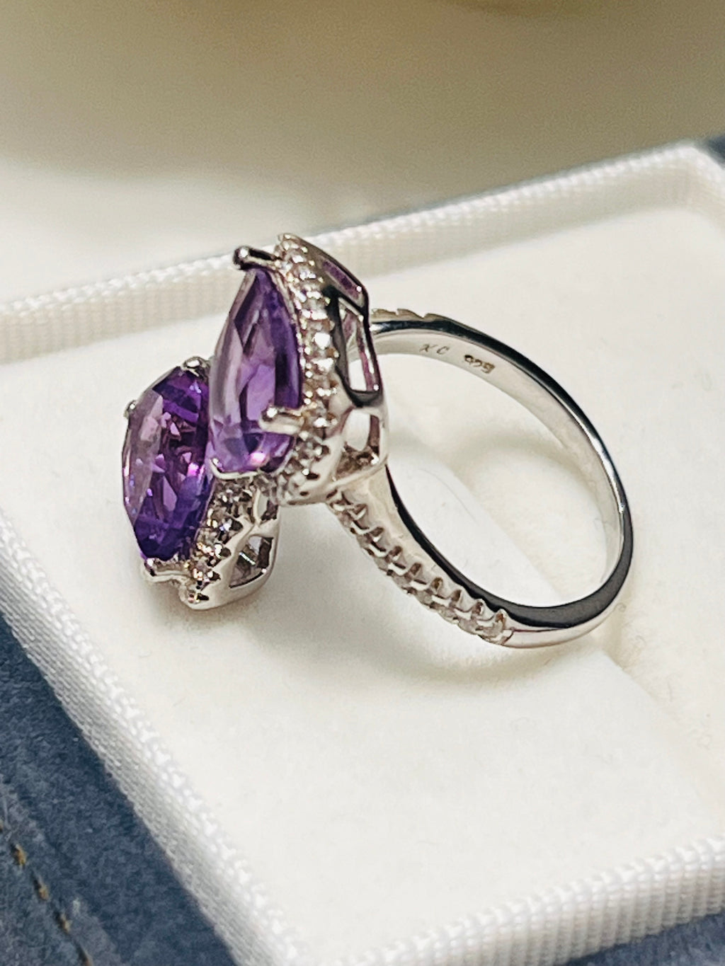 Handmade genuine Twin Amethyst Leaf Ring with White Topaz Accents