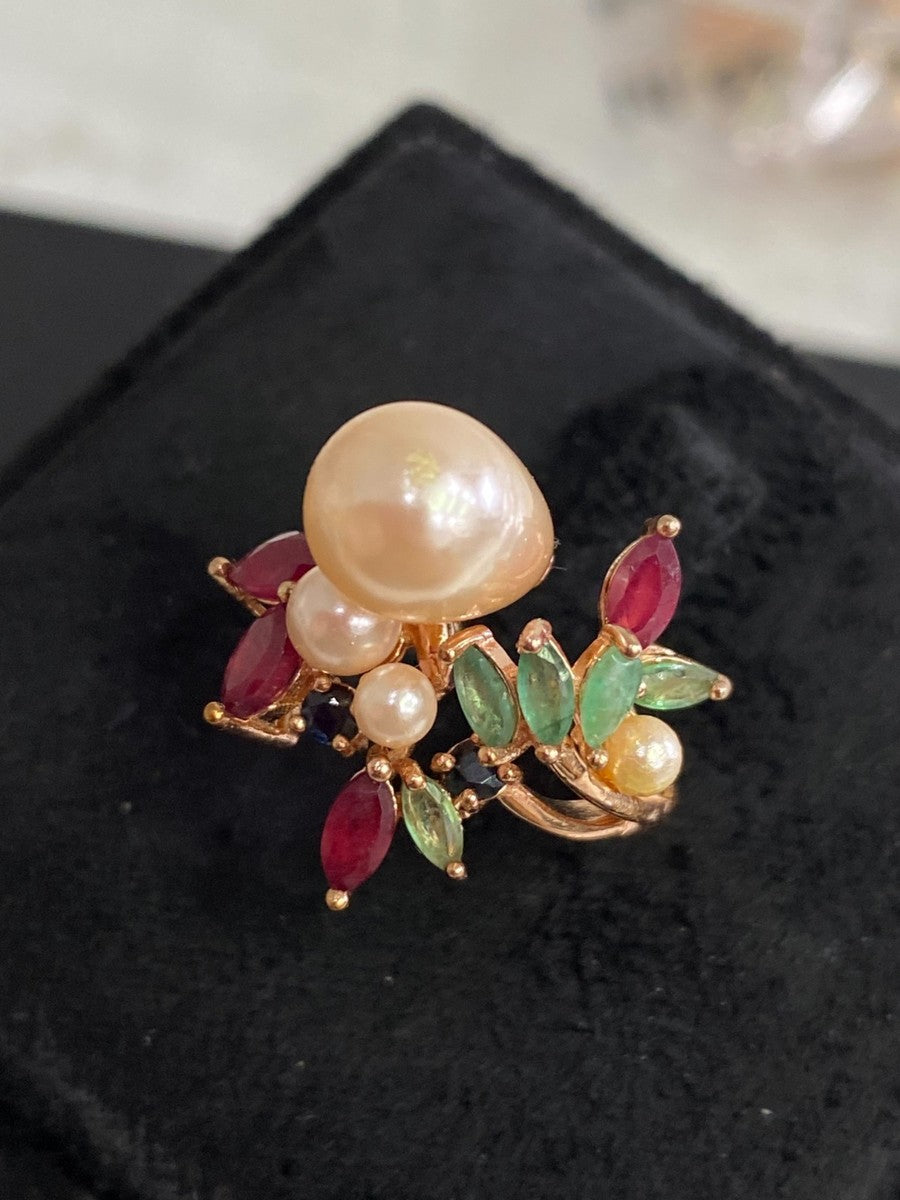 Genuine Ruby, Emerald, sapphires and Pearl Ring- artisan made