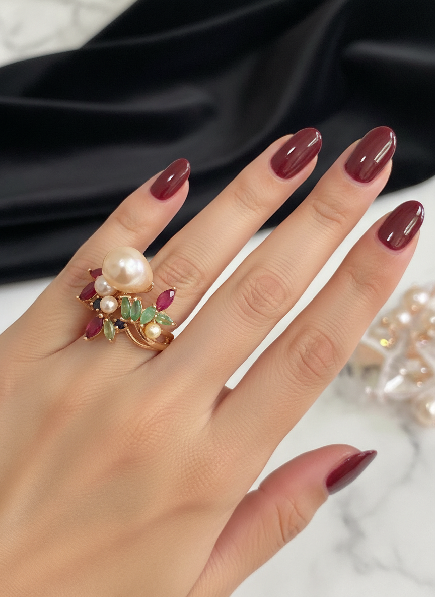 Genuine Ruby, Emerald, sapphires and Pearl Ring- artisan made