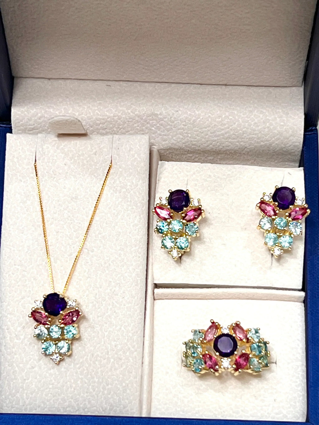Handmade Amethyst, Paraíba Tourmaline & Pink Sapphire Jewelry Set – 18K Gold Plated Sterling Silver