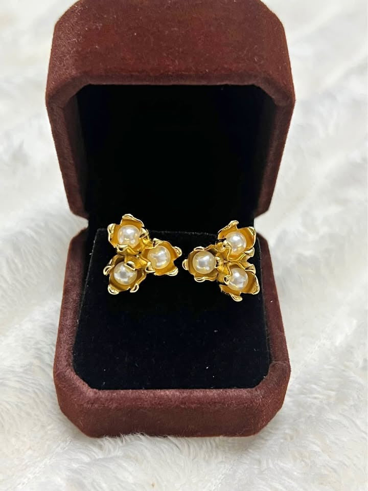 Elegant 18k gold filled tulip shaped earrings with pearls, presented in an open brown gift box.