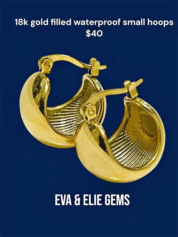 18k gold-filled waterproof small hoop earrings showcasing the unique ribbed texture on the inside.