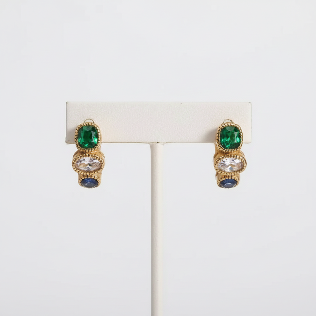 18K Gold Vermeil Huggie Earrings with Trio of Stones