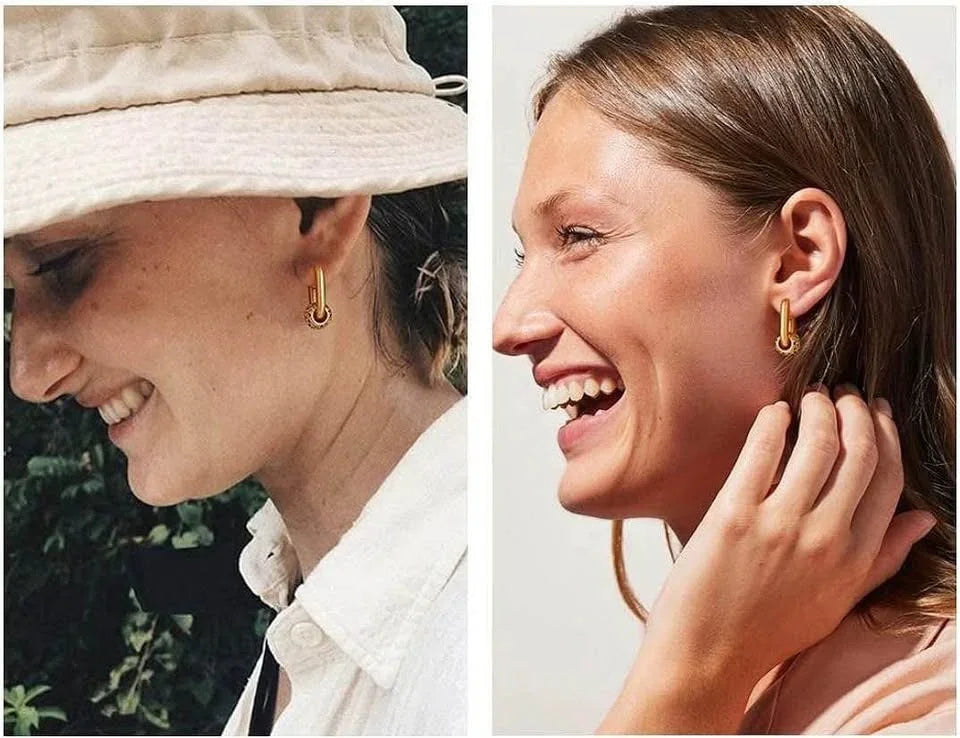 Two models wearing stylish 18k gold vermeil earrings with unique rolling ball pendants, showcasing their everyday wear.