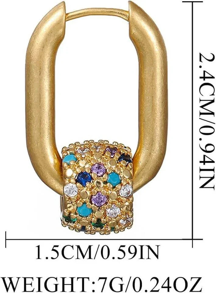 A single 18k gold vermeil earring with a rolling ball pendant, showing its dimensions and weight.