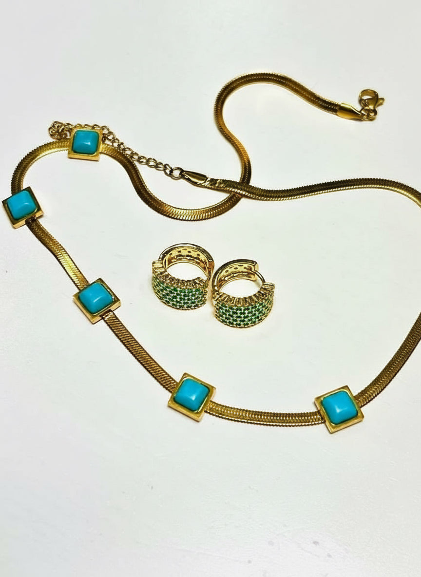 18k gold vermeil waterproof turquoise chain necklace and matching huggie hoop earrings.