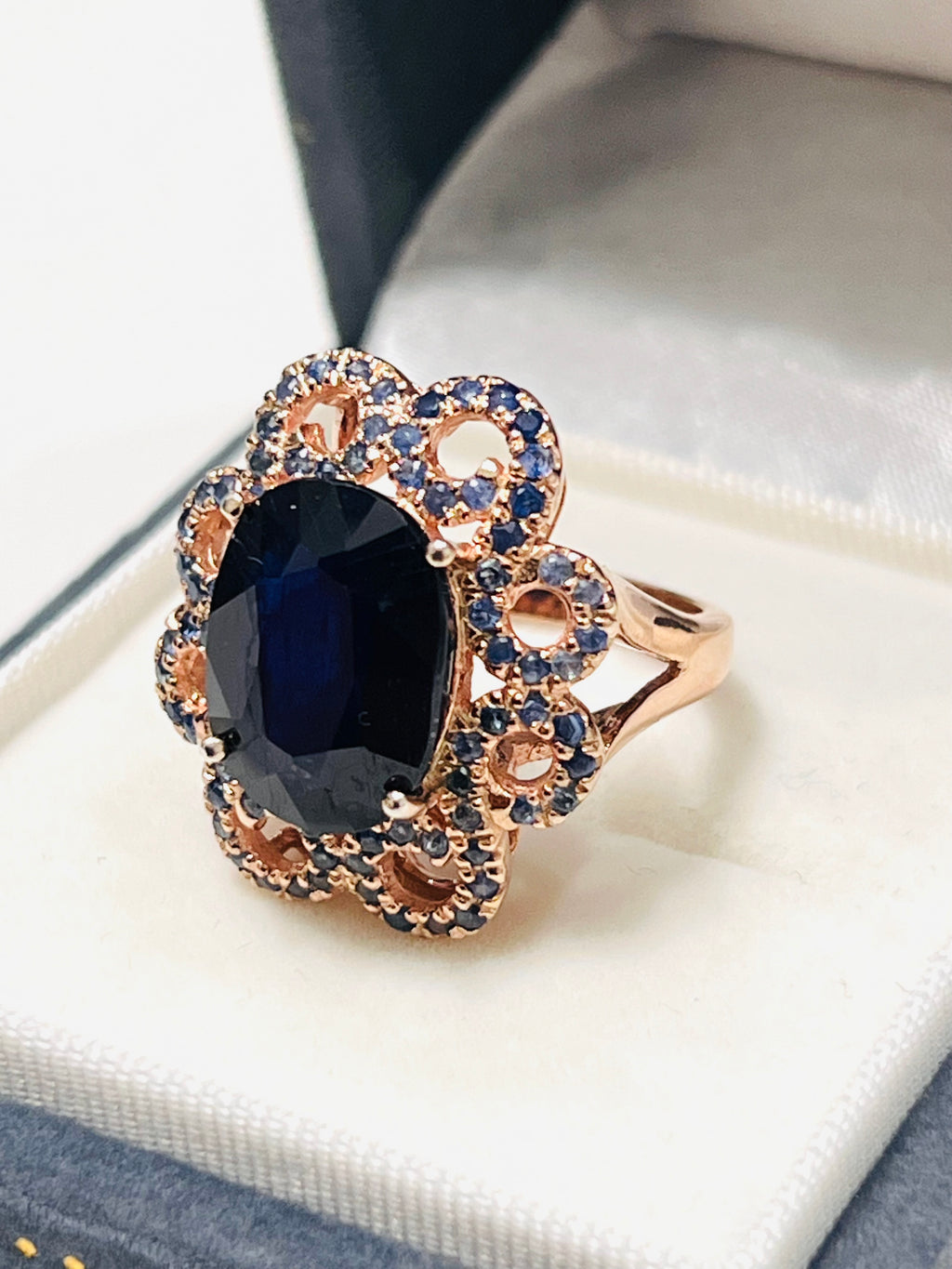 Oval Blue Sapphire Floral Ring with Rose Gold embraced Sterling silver