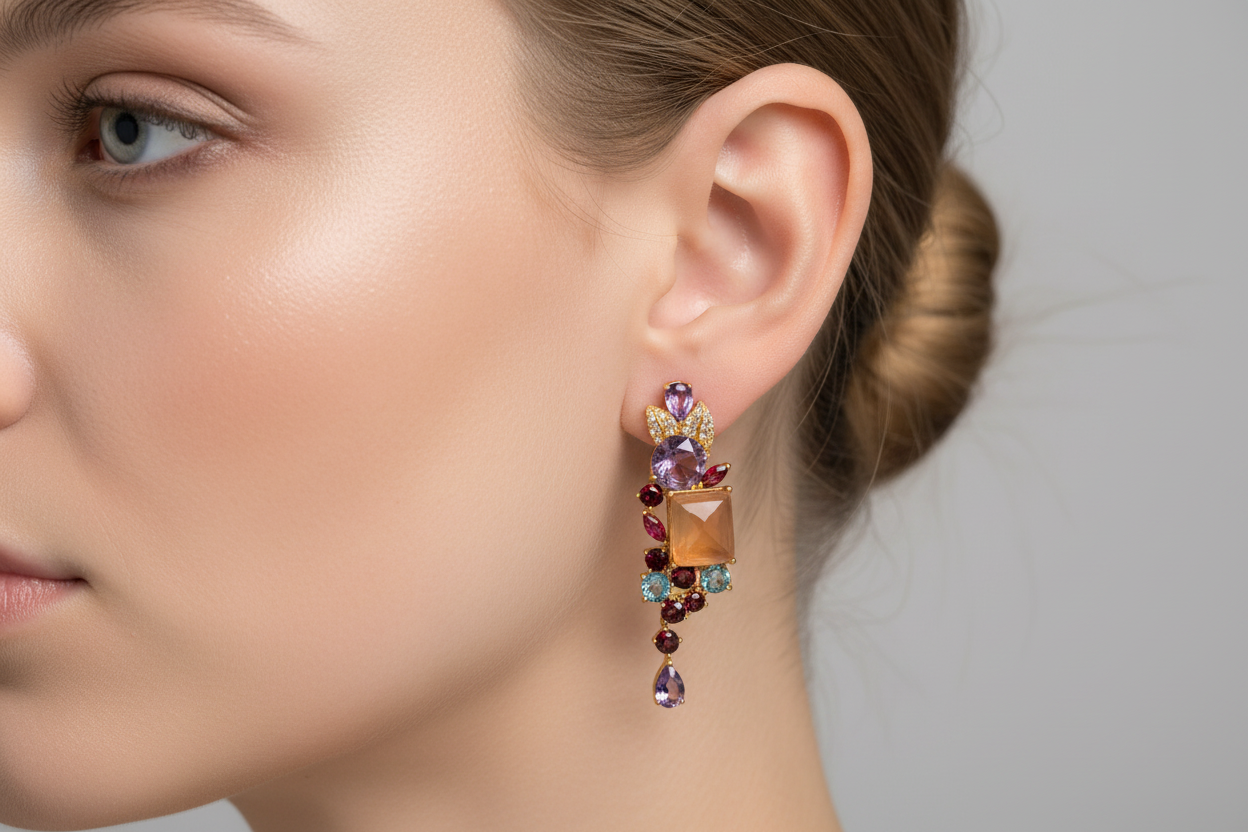 Artisan Square Agate & Multi-Gem Stud Earrings — Handmade in Canada