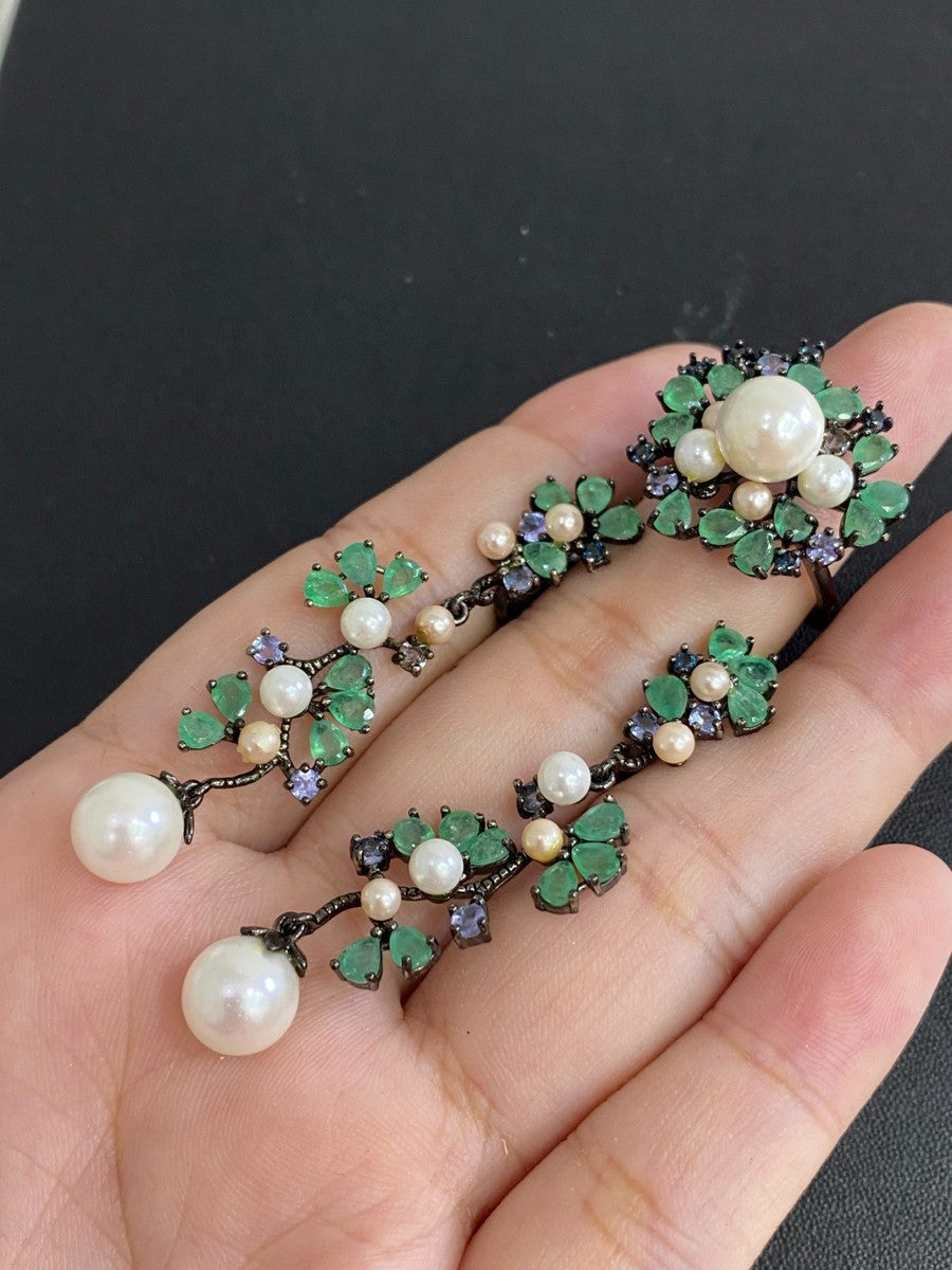 Handmade Natural Colombian Emerald, Pearl, Tanzi Set