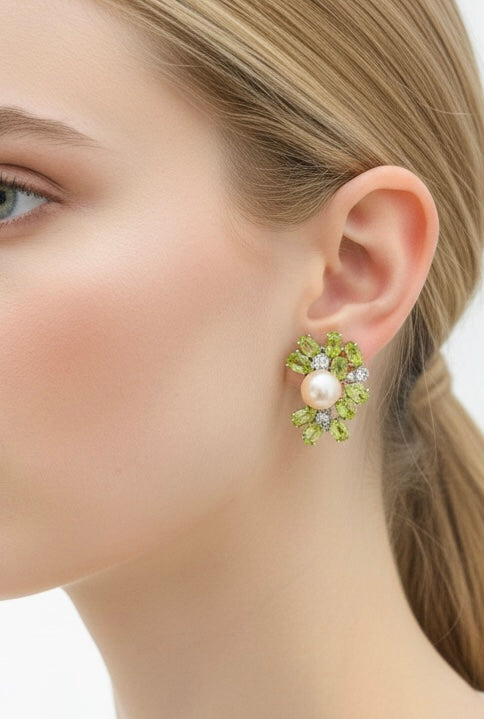 Genuine Pearl & Peridot Floral Glow Studs (Handmade- Artisan)