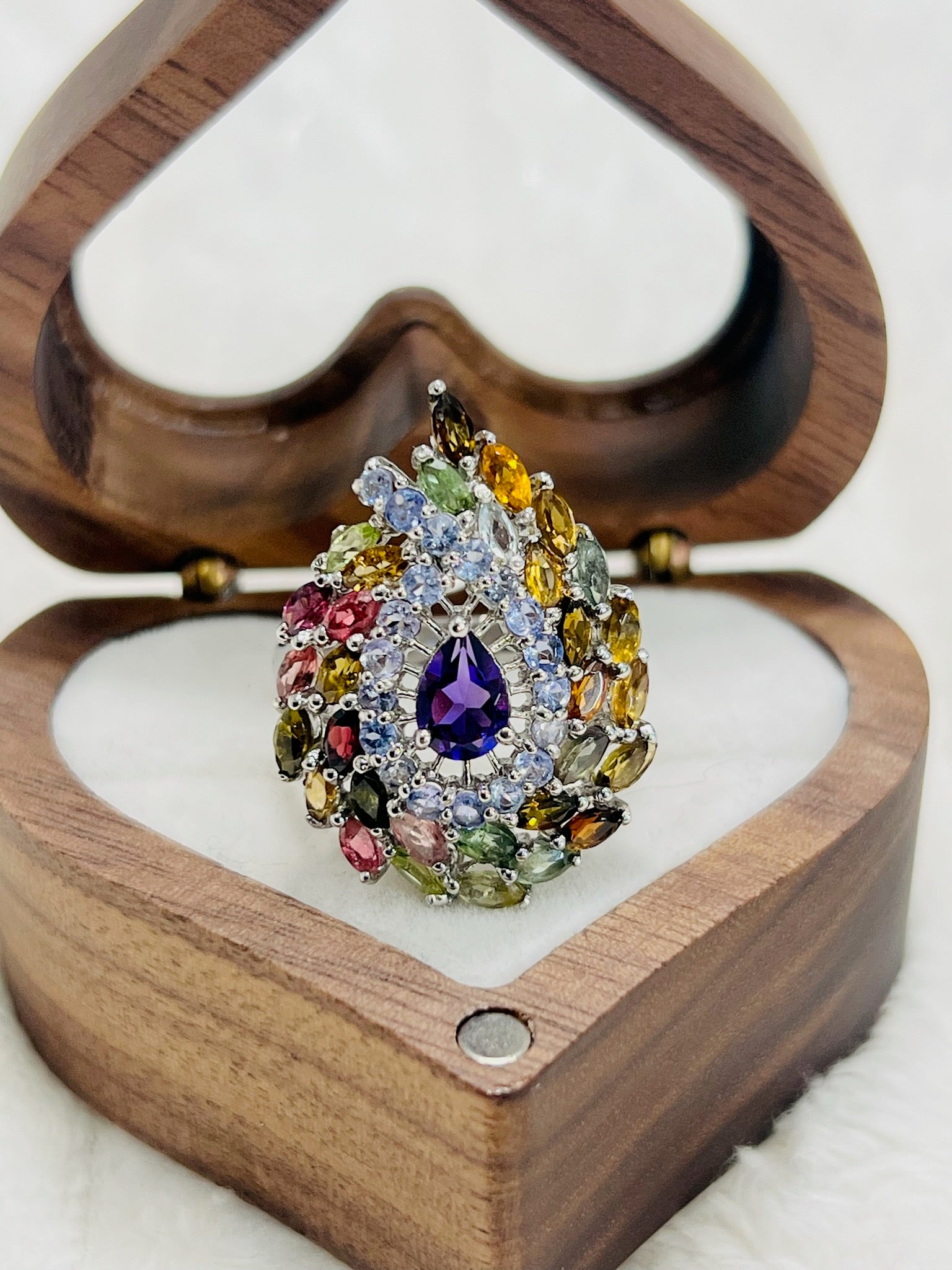 Handmade Stunning Multicolored Tourmaline & Amethyst Ring