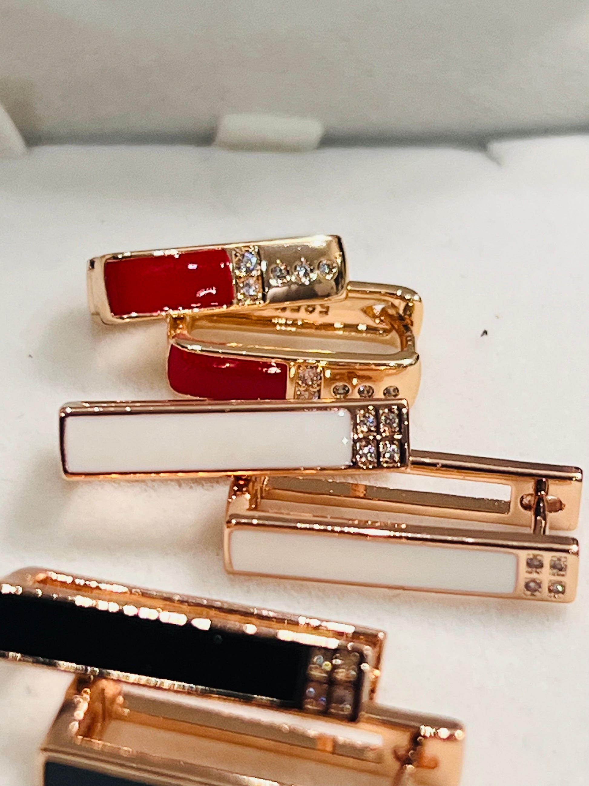 14K Rolled Gold Rectangle Enamel Earrings – Minimalist Futuristic Geometric Earrings Red White Black