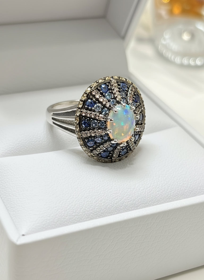 Handmade Fire Opal, Sapphires and Diamond Ring