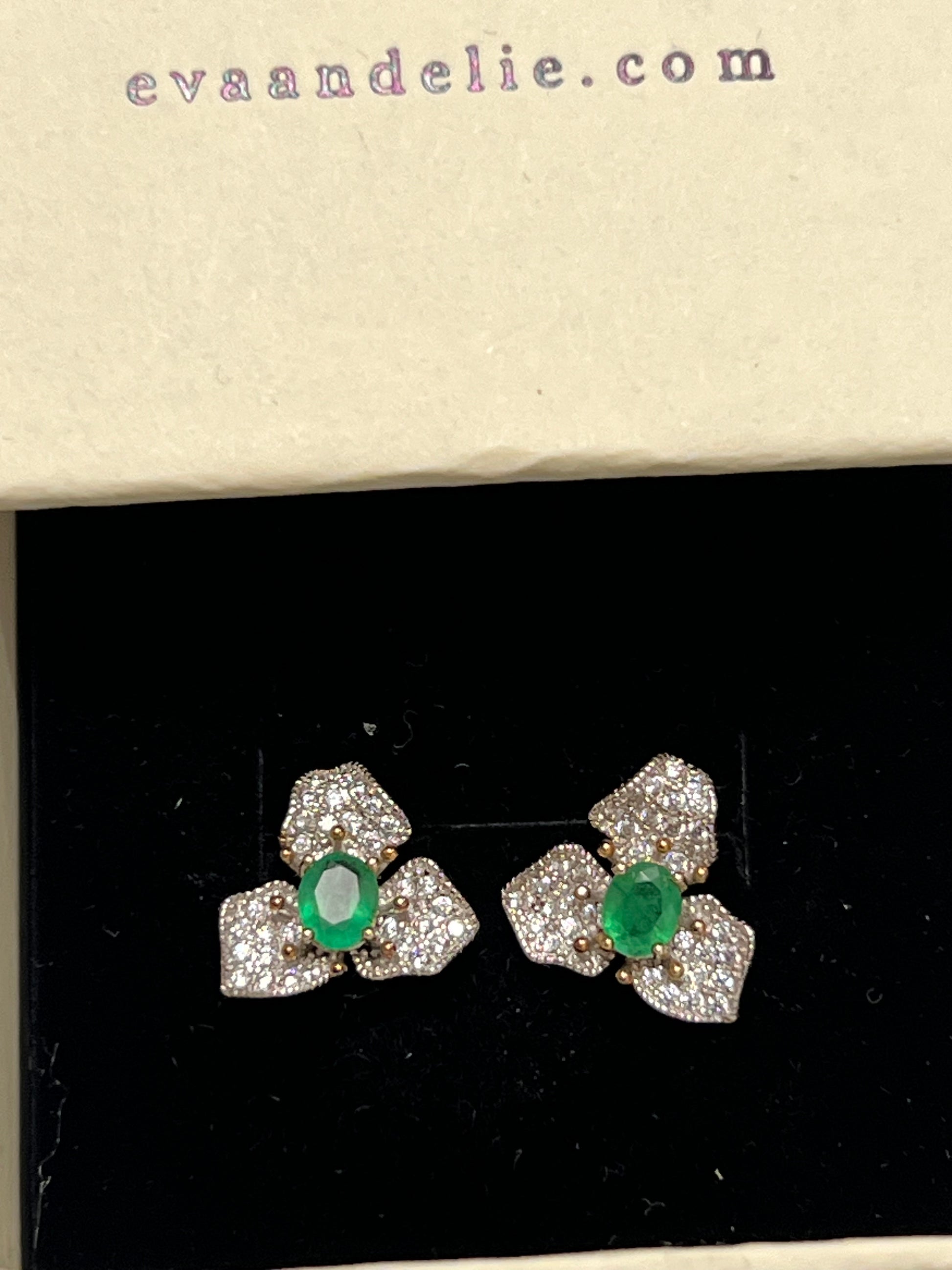 Natural Colombian Emerald Floral Stud Earrings with Diamond Accents