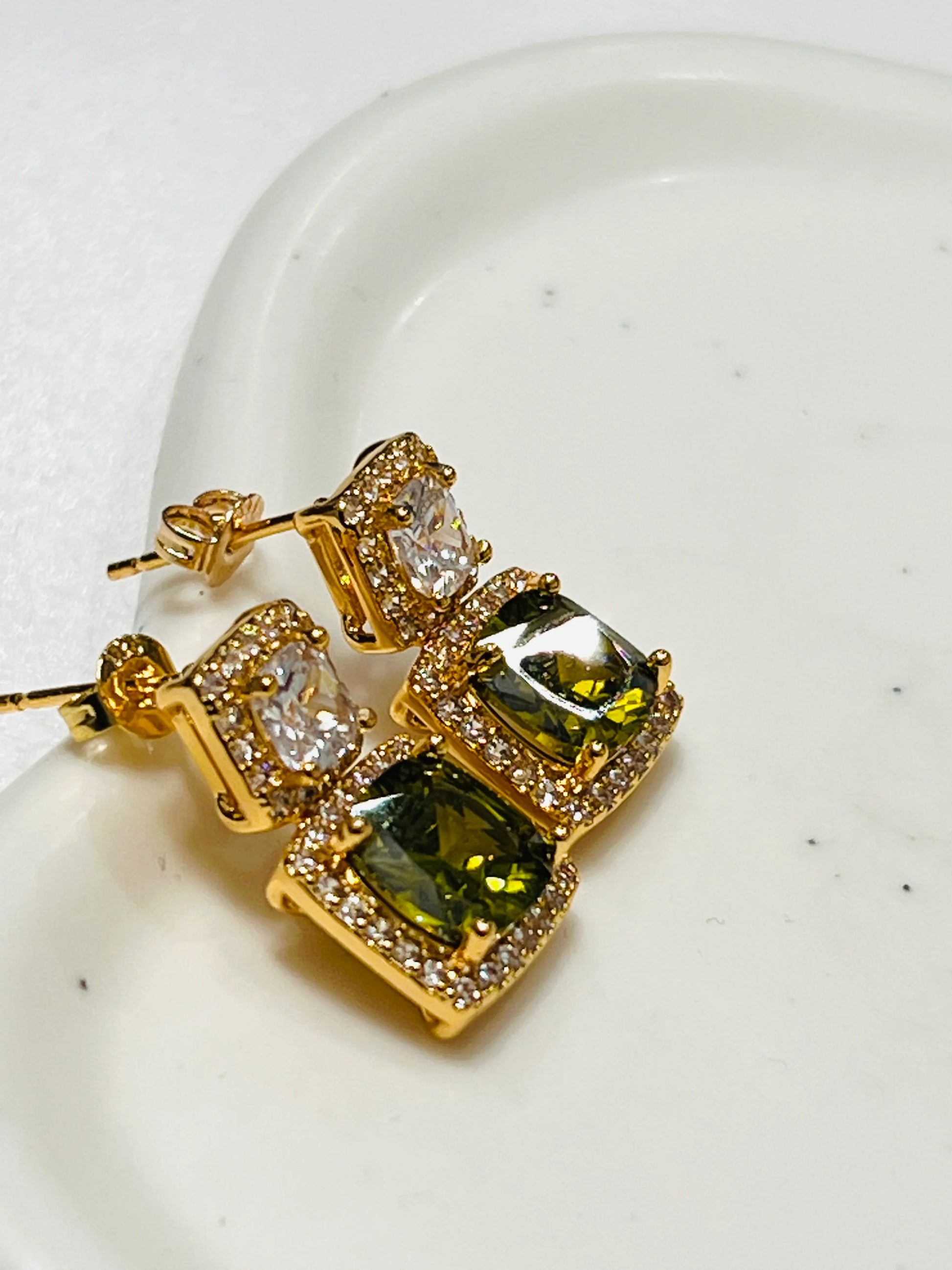 Green Peridot and White Topaz Square Design Earrings