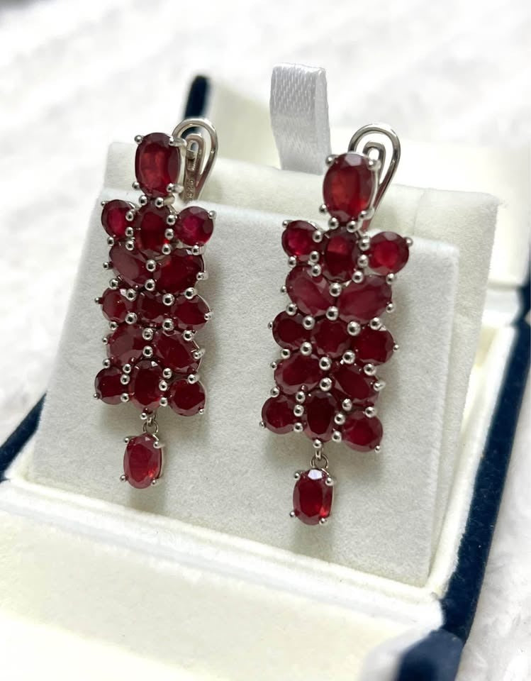Luxurious 20 CT genuine certified ruby cluster earrings, sterling silver with rhodium finish.