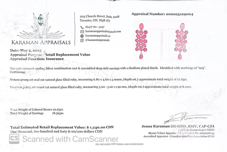 Appraisal certificate for 20 CT genuine certified ruby earrings, detailing stones and replacement value.