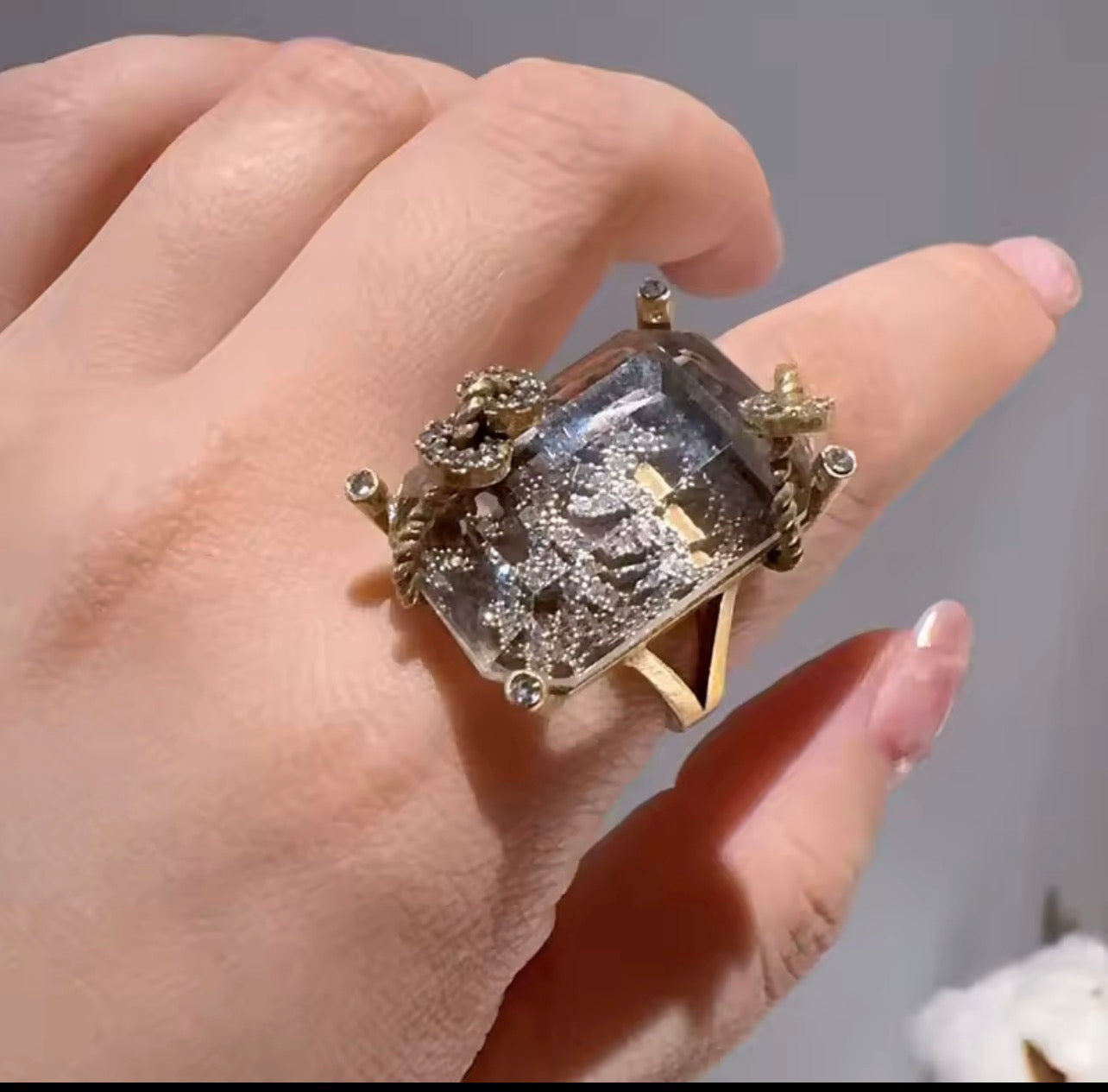 Vintage Inspired Emerald Cut Crystal Ring | Adjustable Gold Plated Brass Cocktail Ring for Women