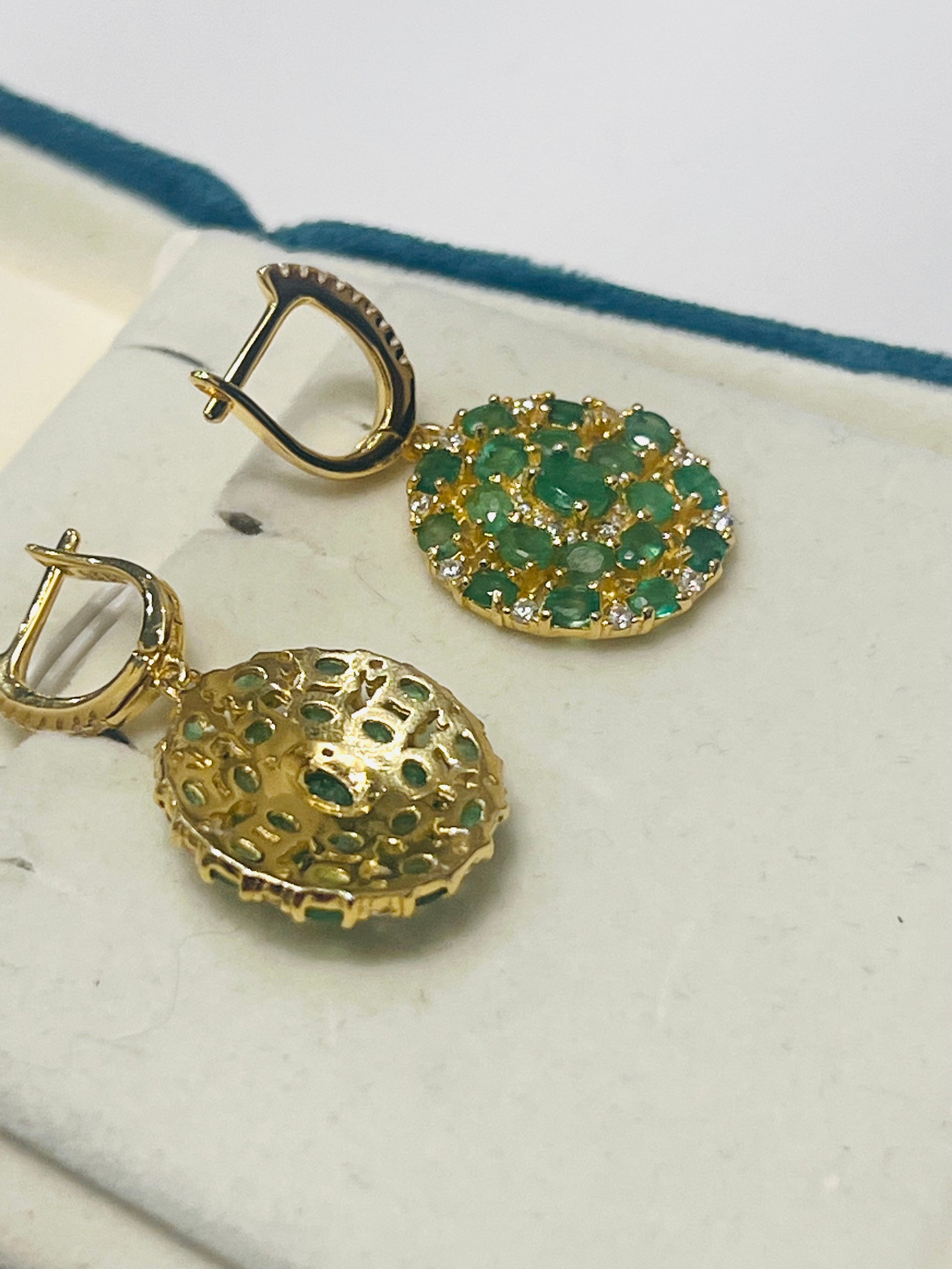 Natural Emerald & White Sapphires Flower Cluster Dangle Earrings – 18K Gold over Sterling Silver