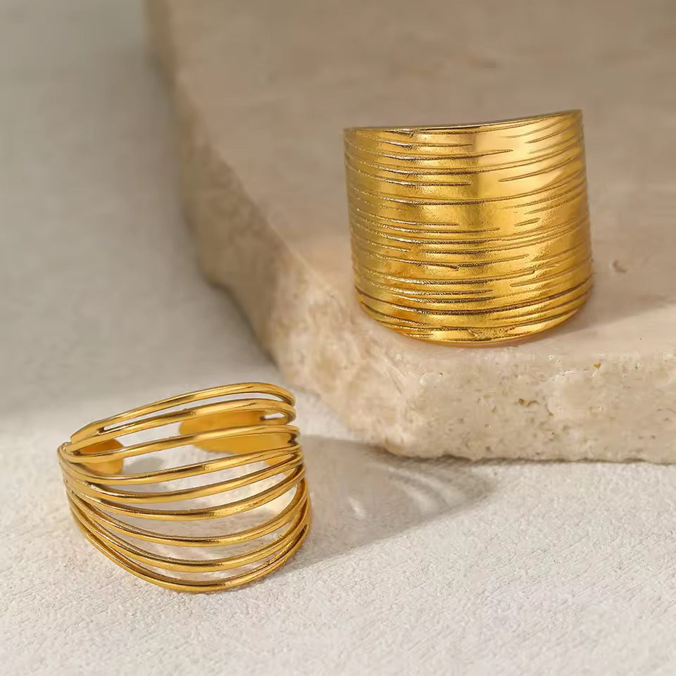 Geometric Gold Plated Adjustable Ring – Modern stainless steel Statement Finger Rings (PVD Coated)