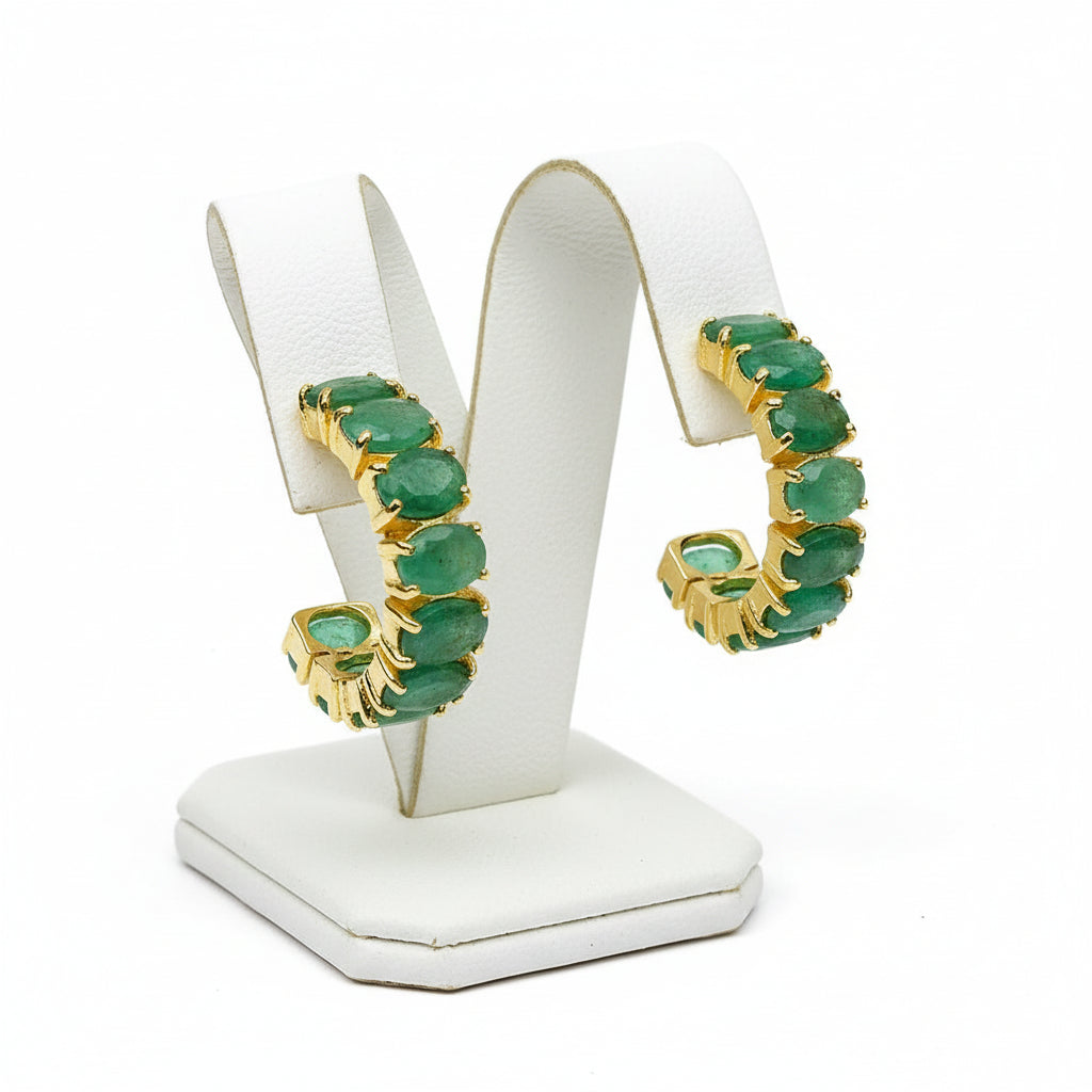 18 Karat Gold Vermeil Oval Zambian Emeralds Hoop Earrings