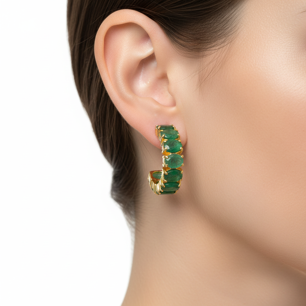 18 Karat Gold Vermeil Oval Zambian Emeralds Hoop Earrings