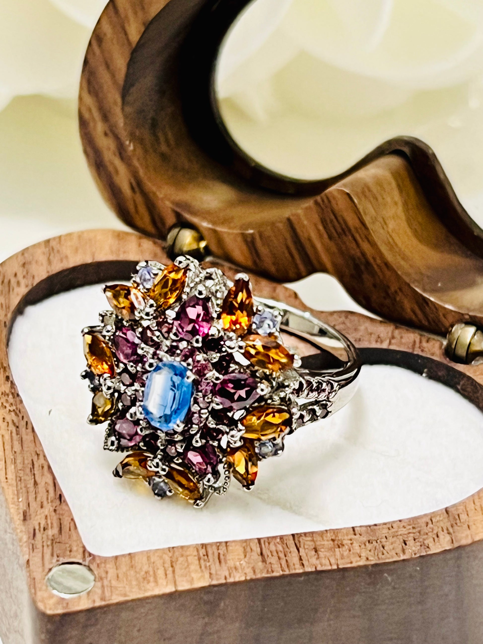 Handmade genuine Kyanite, Citrine and Rhodolite Garnet Ring