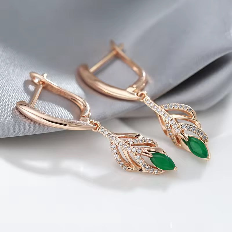 14k Rolled Gold Leaf Emerald Long Earrings