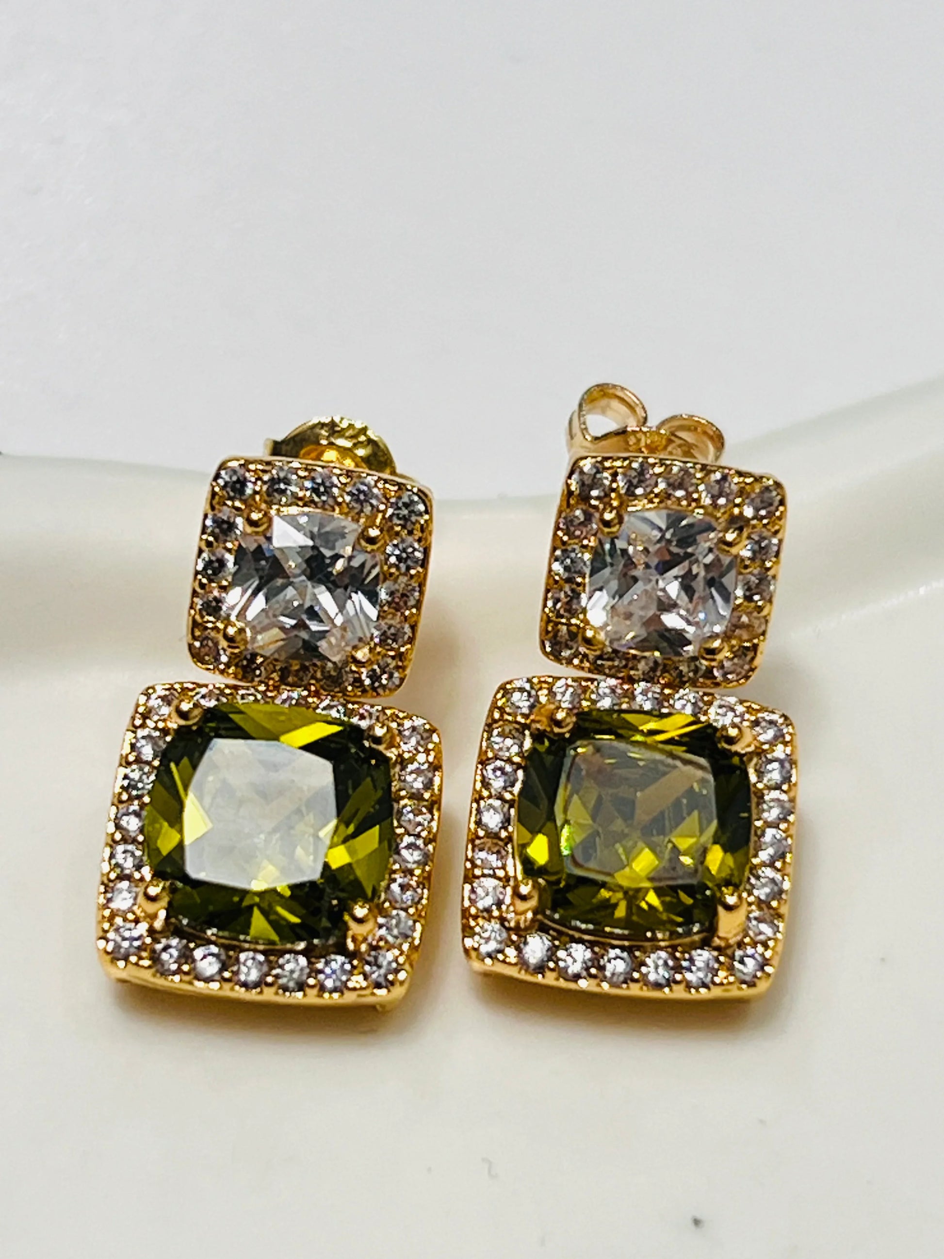Green Peridot and White Topaz Square Design Earrings