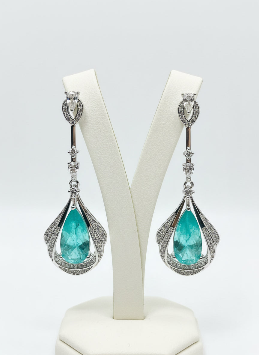 Stunning Long Sterling silver Emerald, Paraiba or Ruby Fancy statement Earrings (lab created)