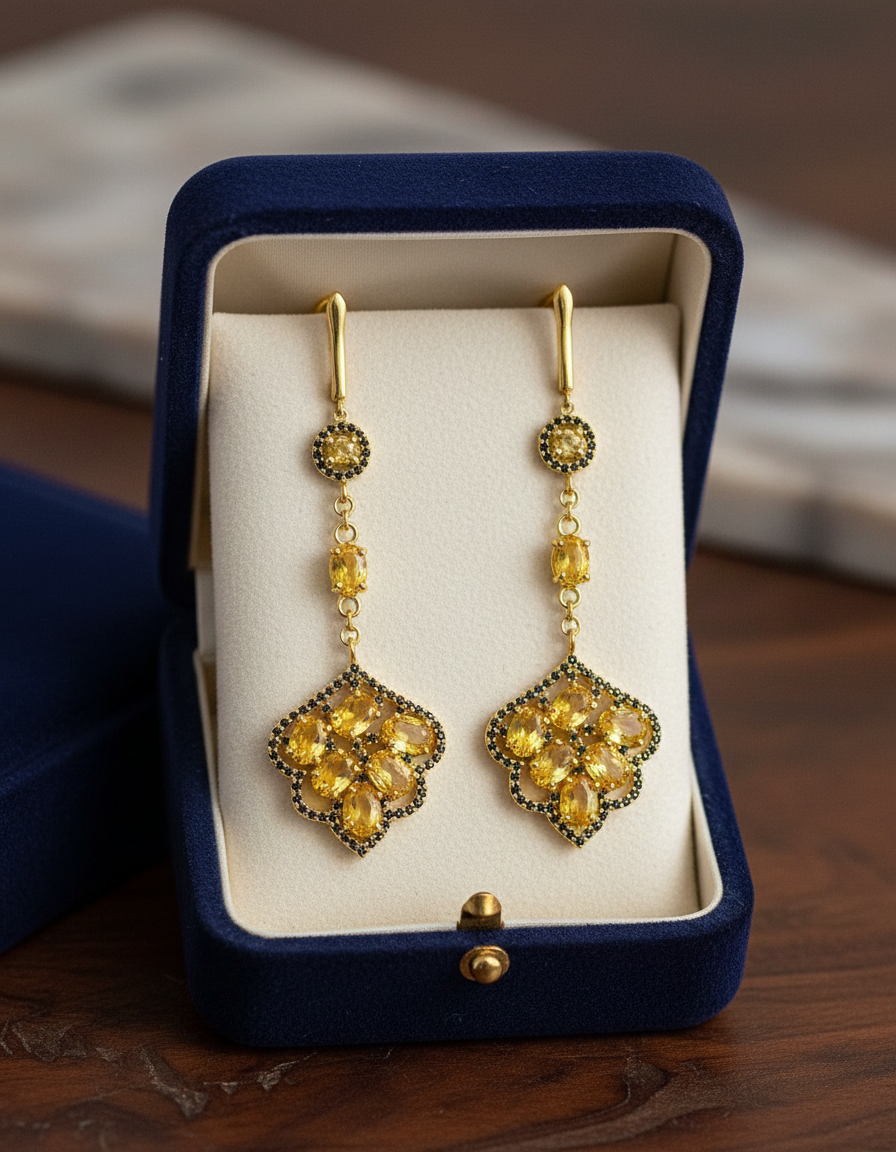 Handmade Natural Citrine and Spinel Long Fancy Earrings