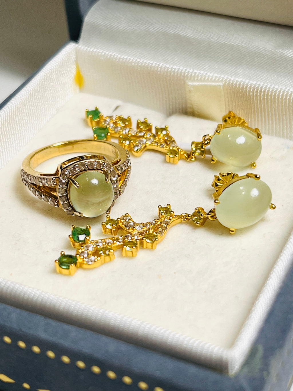 Handmade Prehnite and Natural Diamond & Emerald Ring and Earrings Set