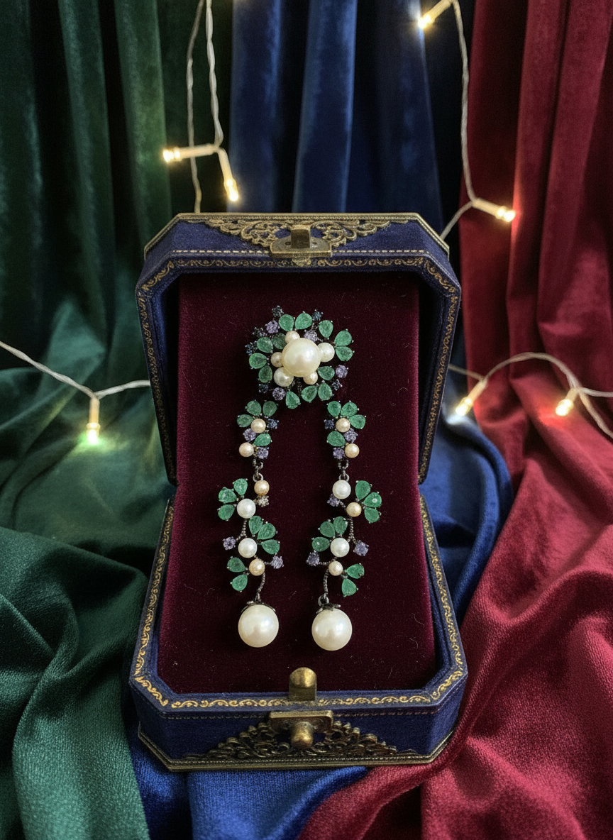 Handmade Natural Colombian Emerald, Pearl, Tanzi Set