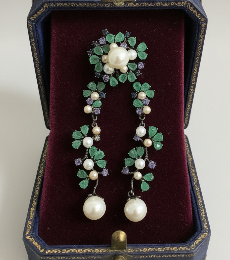 Handmade Natural Colombian Emerald, Pearl, Tanzi Set