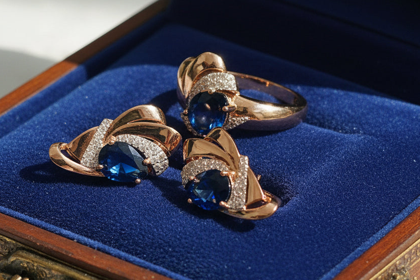 14k Rolled Gold Blue Sapphire Two toned Set