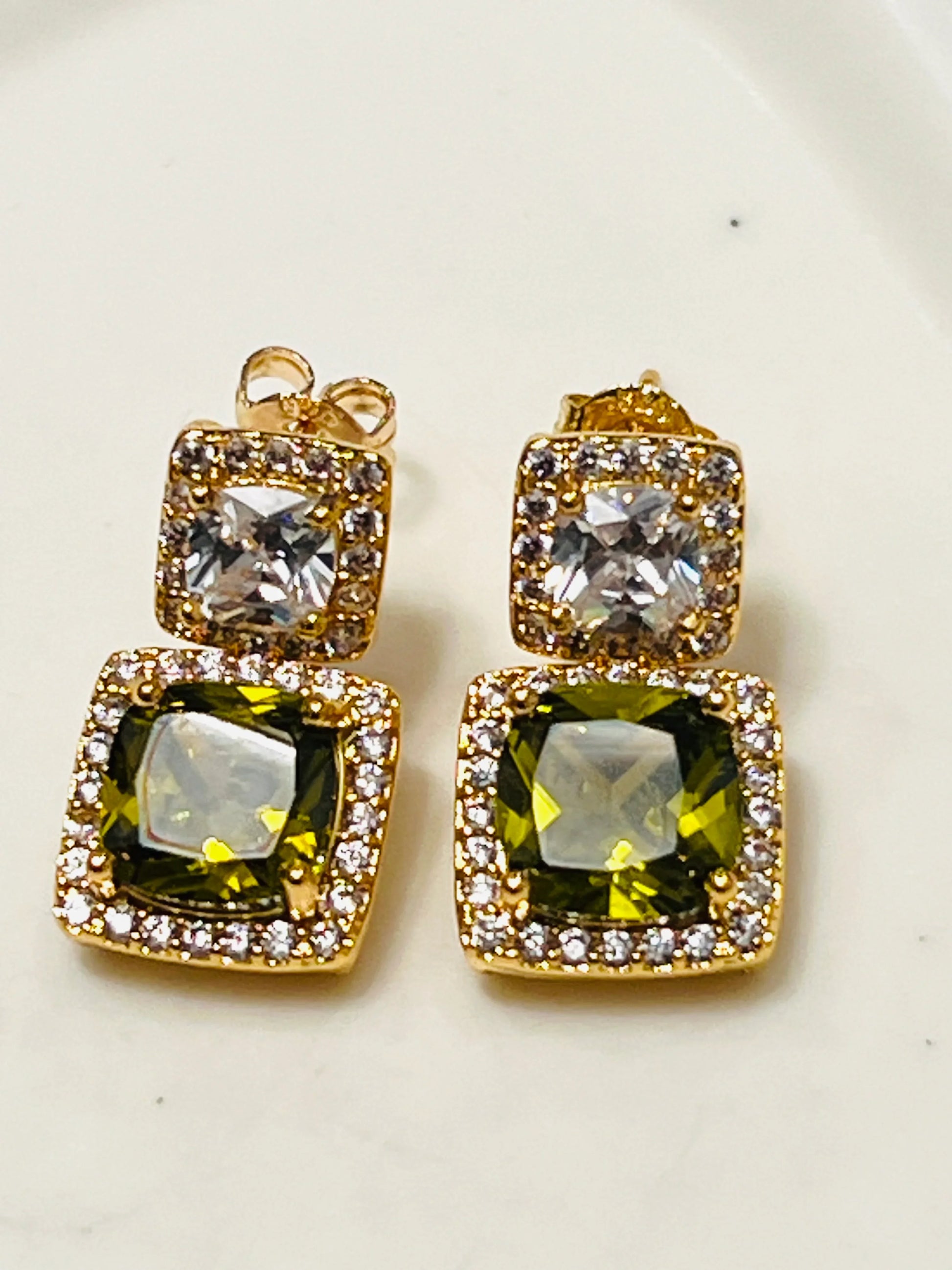 Green Peridot and White Topaz Square Design Earrings