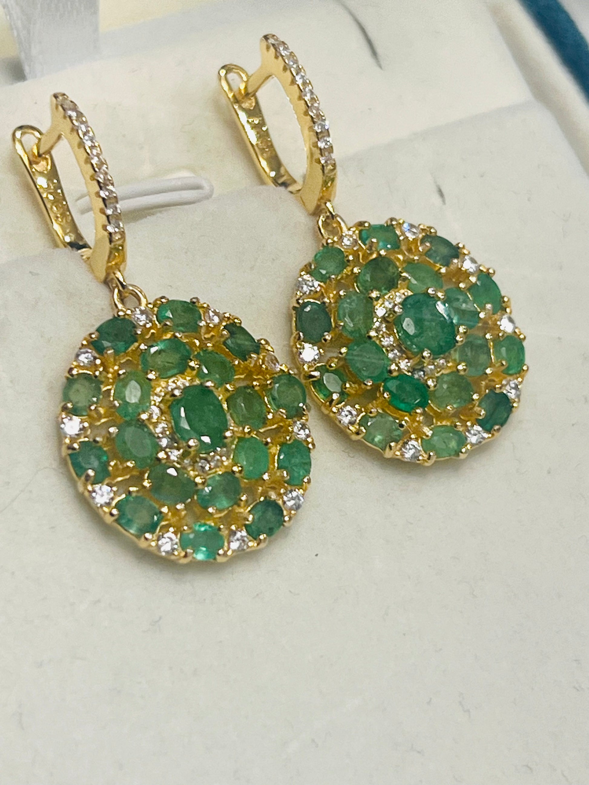 Natural Emerald & White Sapphires Flower Cluster Dangle Earrings – 18K Gold over Sterling Silver