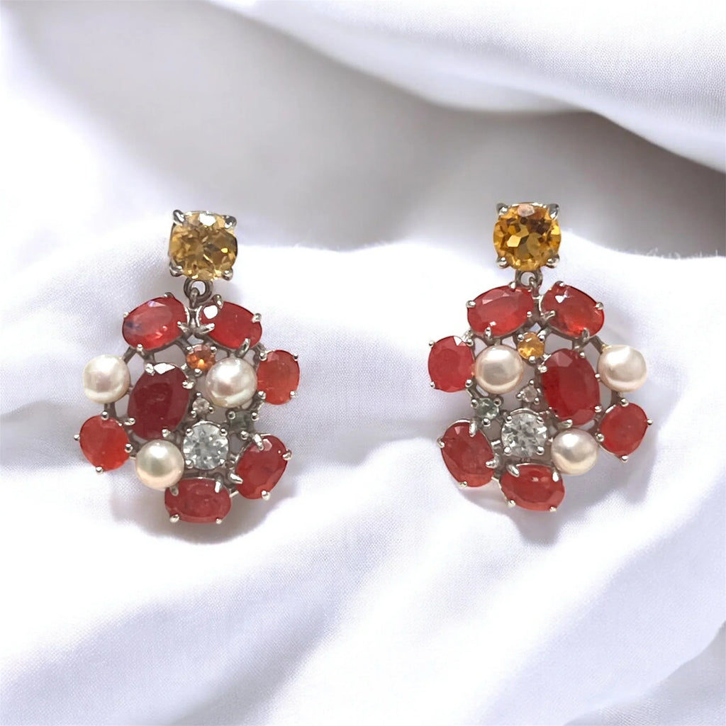 Handmade Yellow & Padparadscha Sapphire Earrings – Sterling Silver, Rhodium Plated