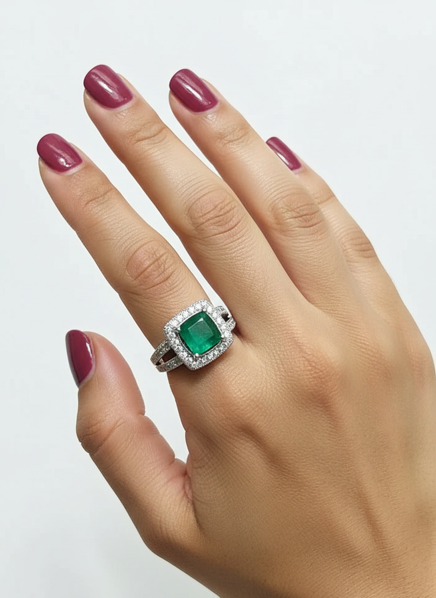 Handmade 3CT Halo Square Natural Emerald Ringa