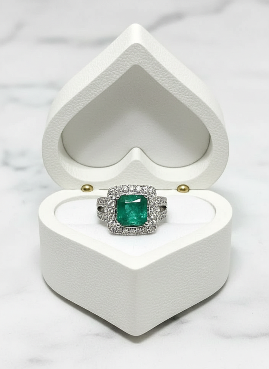 Handmade 3CT Halo Square Natural Emerald Ringa