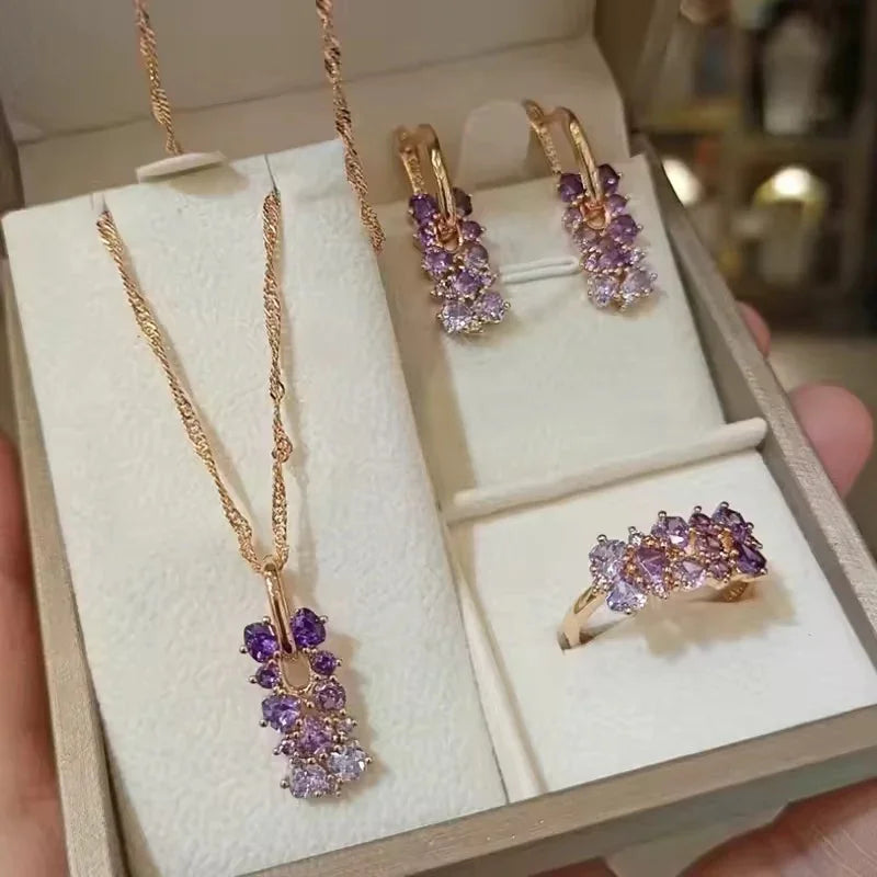 14K Rolled Gold Amethyst Jewelry Set | Ombre Waterfall Necklace, Earrings & Ring