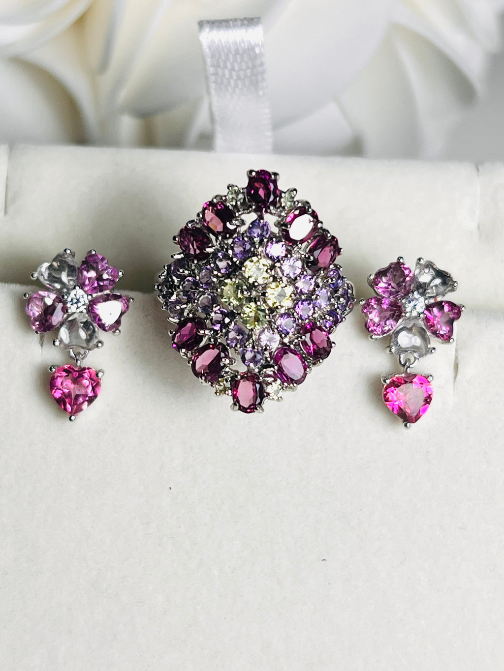 Handmade Rhodolite Garnet, Pink Mystic Topaz, peridot Set